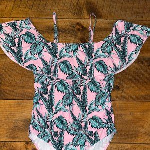 Women's Jinyongxin Pink Green‎ Tropical Ruffle Maternity Swimsuit Size XL